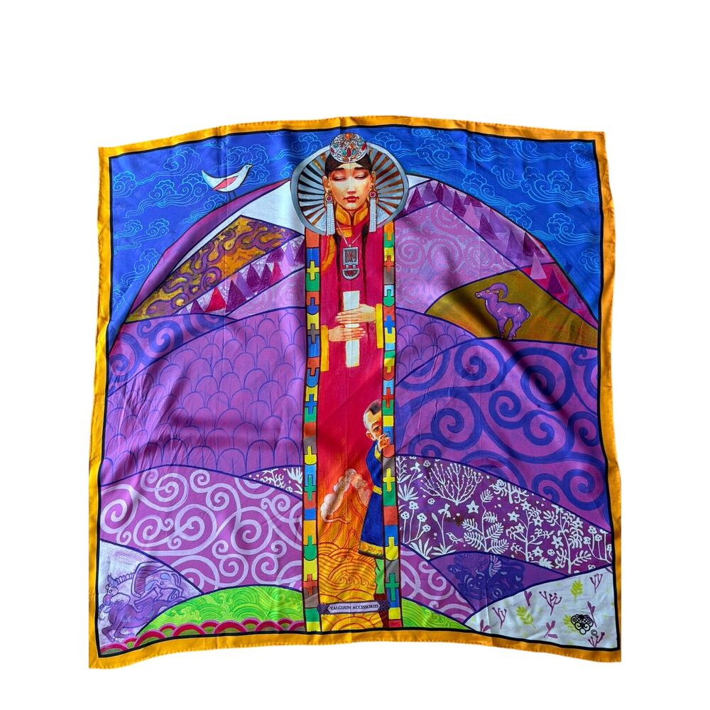 100% Silk Scarf Multicolor Art Print Rolled Hem Square Statement